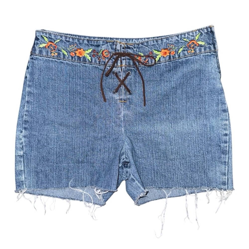 VTG Jordache Floral Embroidered Lace-Up Cutoff Denim Shorts Sz 28 Y2K Bareback